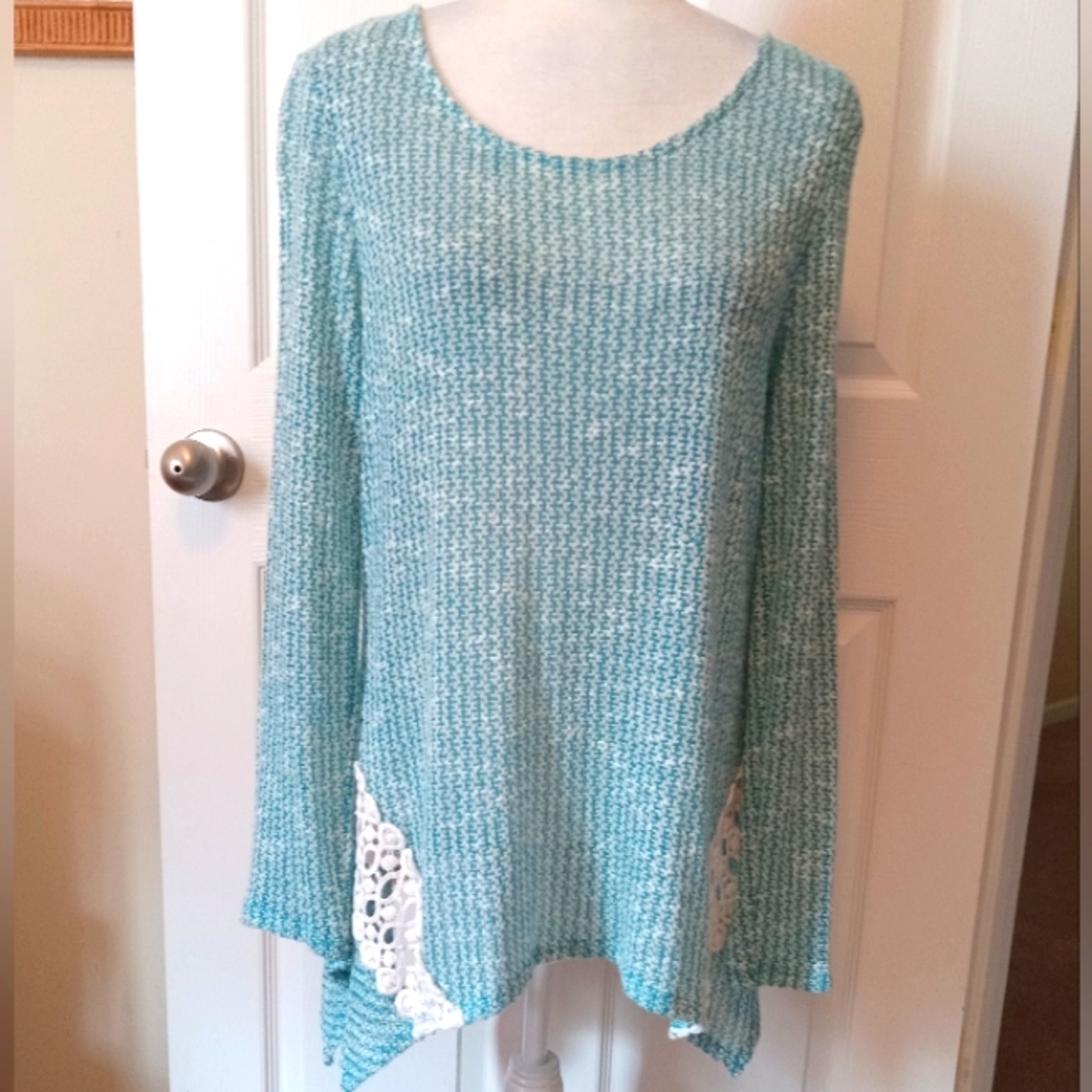 New Directions seafoam blue crochet knit tunic blouse. XL